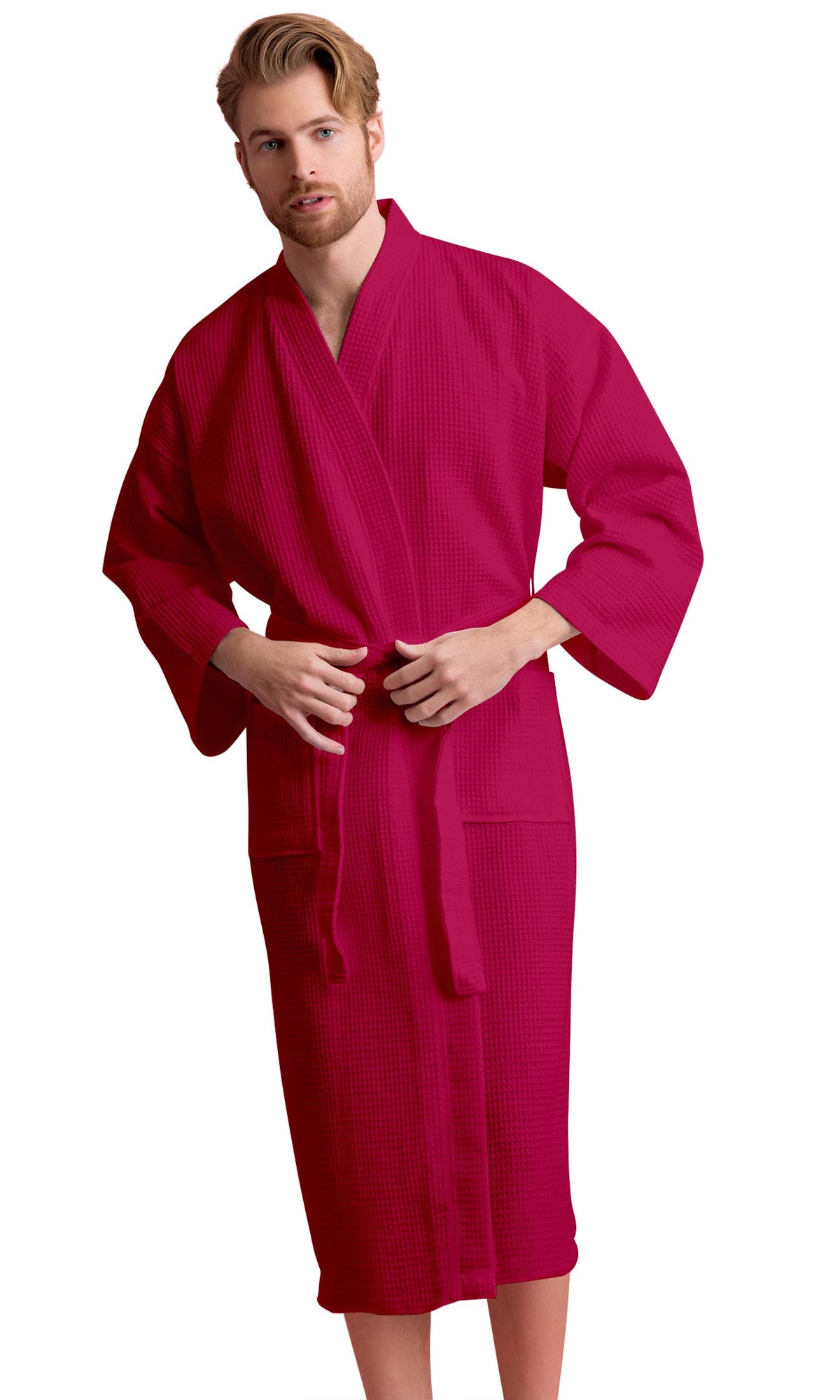 Men's Long Waffle Weave Kimono Bathrobe, 60% Cotton 40% Polyester