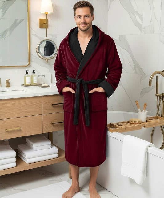 Luxury Ultra Soft Mens Robe with Hood Plush Fleece Long Bathrobe