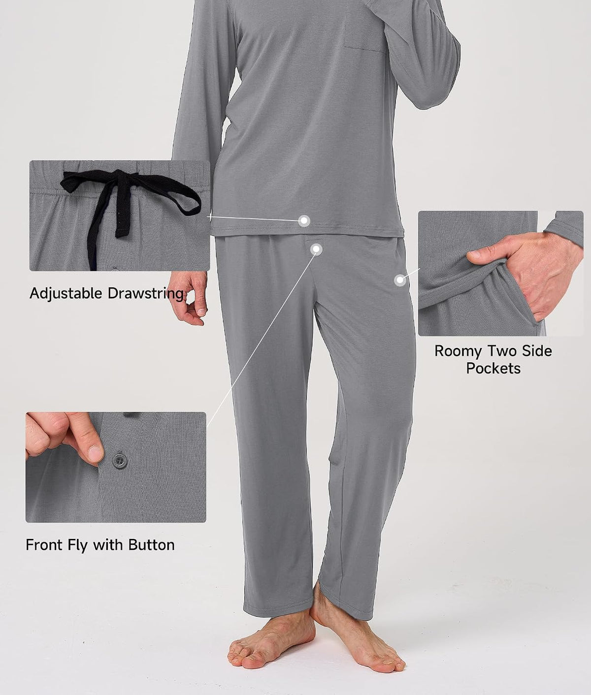 BAMBOO COOL Men's Pajama Set Long Sleeve PJs with Pants & Pockets