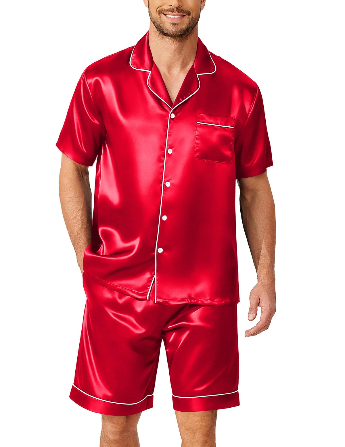Ekouaer Mens Pajamas Set Silk Satin Pjs Short Sleeve Button Up Lounge Sets
