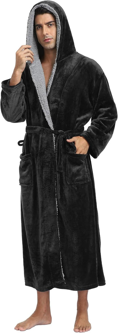 Mens Long Flannel Robes with Hood Plush Warm Bathrobes Cozy Fleece Spa Robe