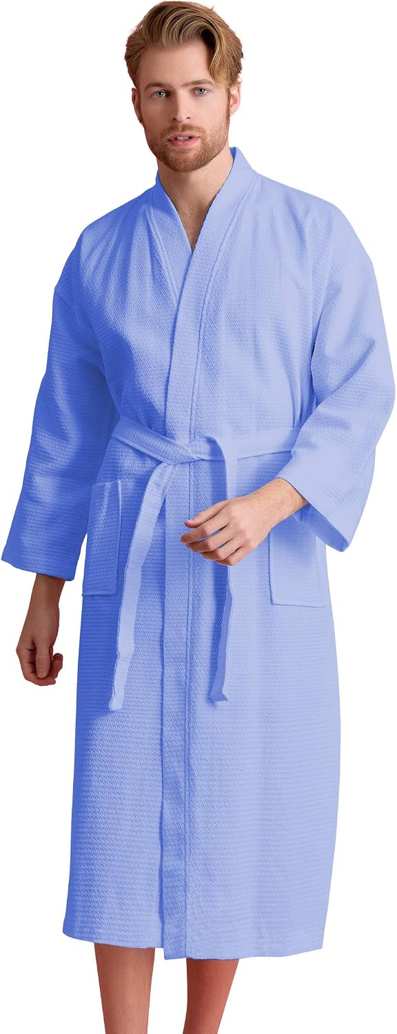 Men's Long Waffle Weave Kimono Bathrobe, 60% Cotton 40% Polyester