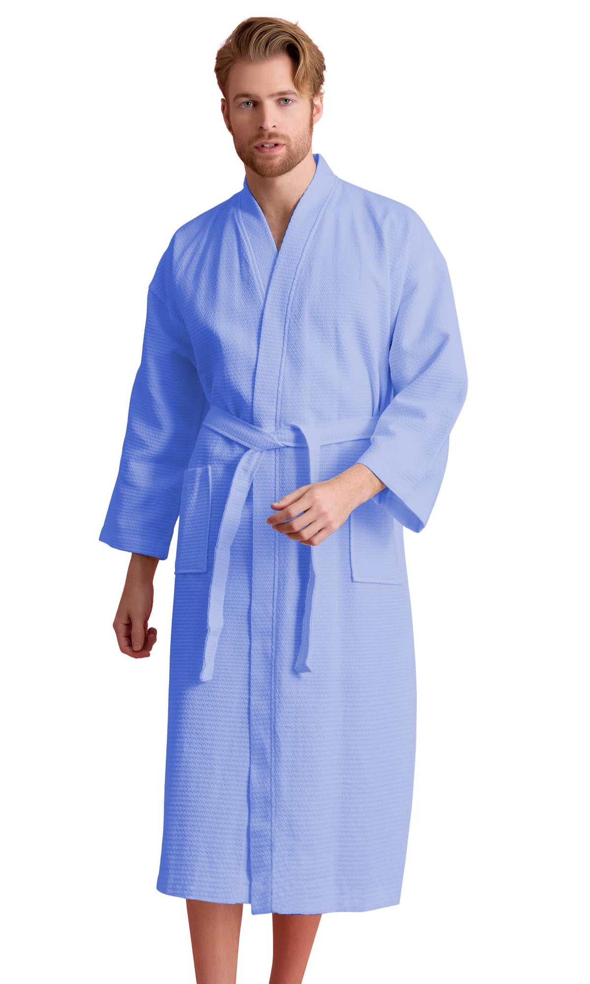 Men's Long Waffle Weave Kimono Bathrobe, 60% Cotton 40% Polyester
