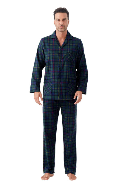 GLOBAL Men's Pajamas Sets 100% Cotton Flannel Sleepwear Long-Sleeve top & Bottom