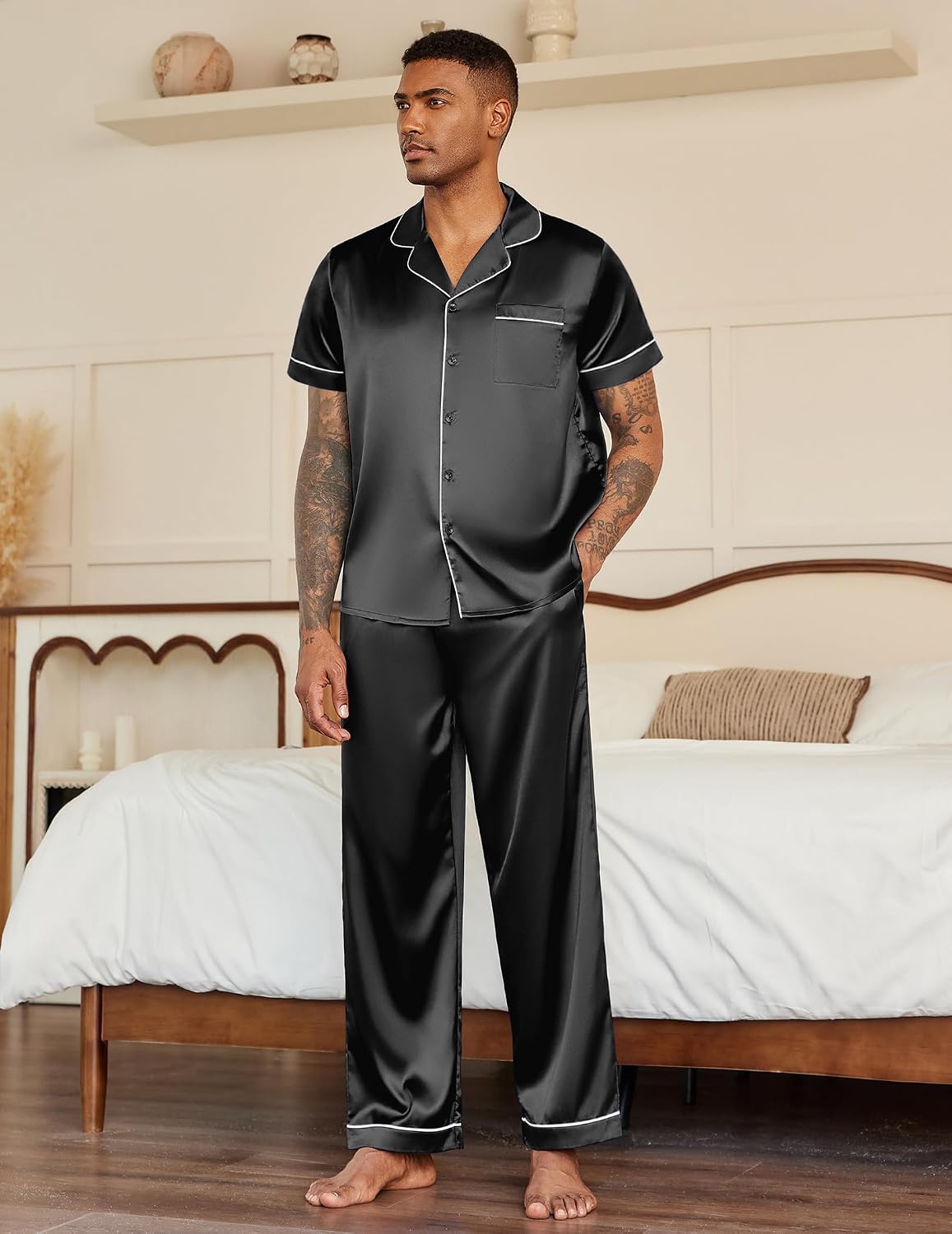 Ekouaer Mens Satin Pajama Set Short Sleeve Button Down Sleepwear with Pant