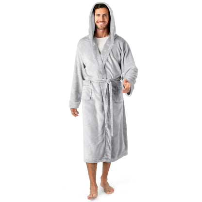 PAVILIA Mens Fleece Robe, Hooded Bathrobe with Shawl Collar, Pockets & Belt