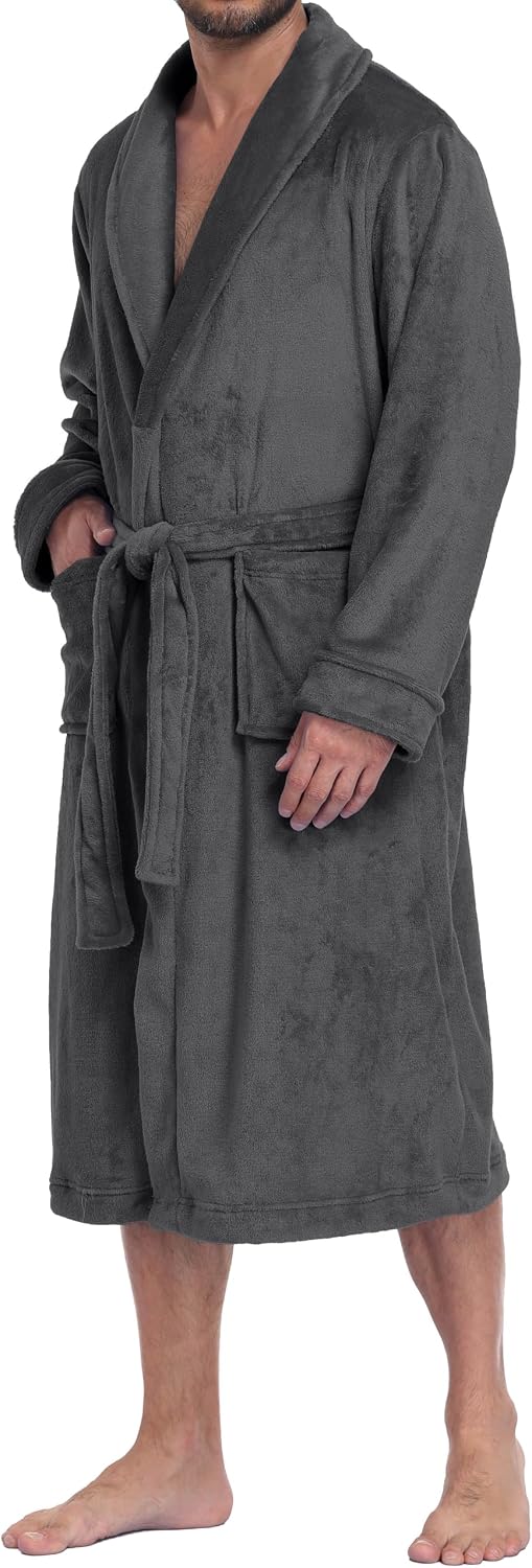 PrinStory Mens Robe Plush Fleece Soft Warm Long Fluffy Bathrobe