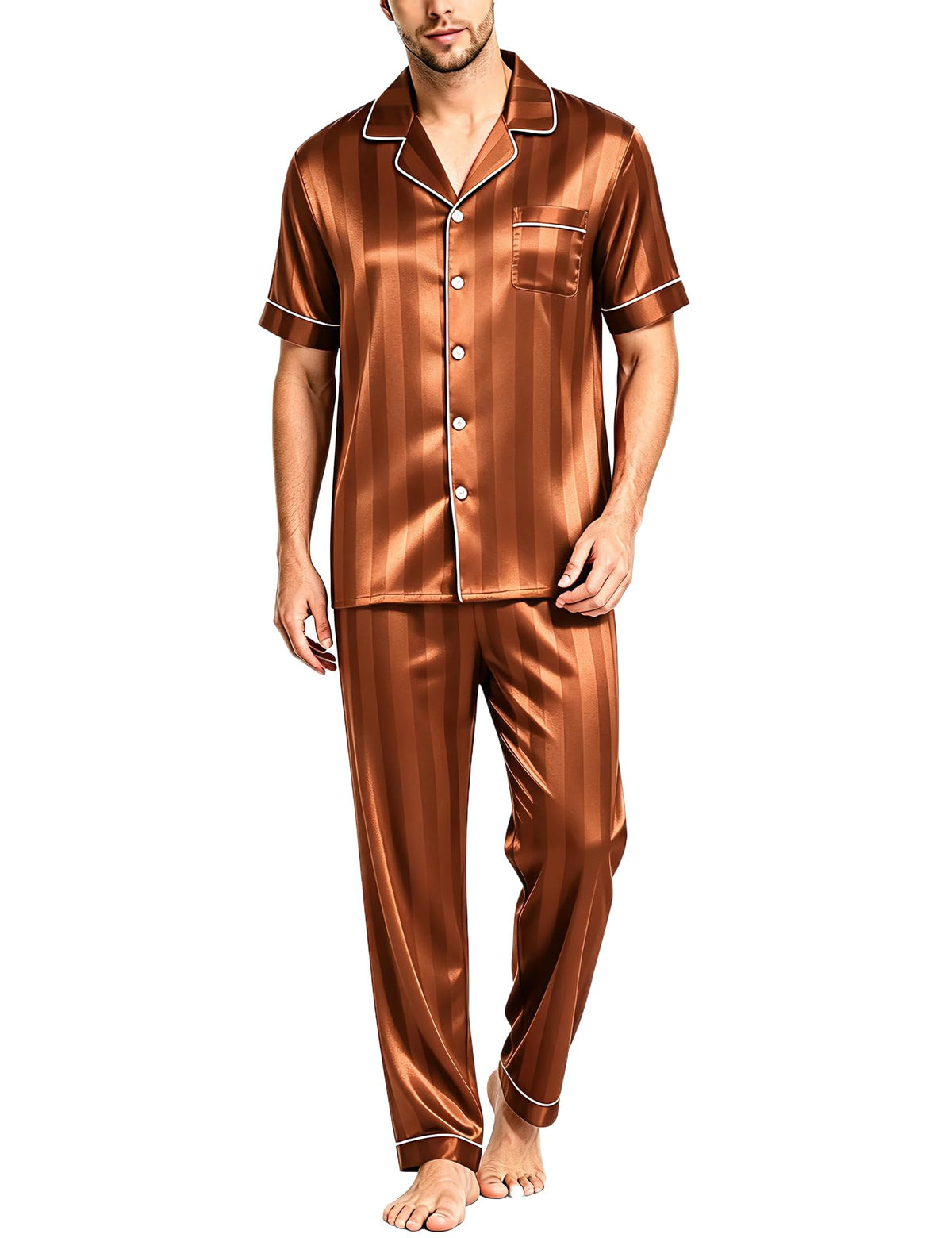 SWOMOG Mens Satin Pajama Set Short Sleeve Classic Sleepwear Button Down Silky Loungewear with Long Pants
