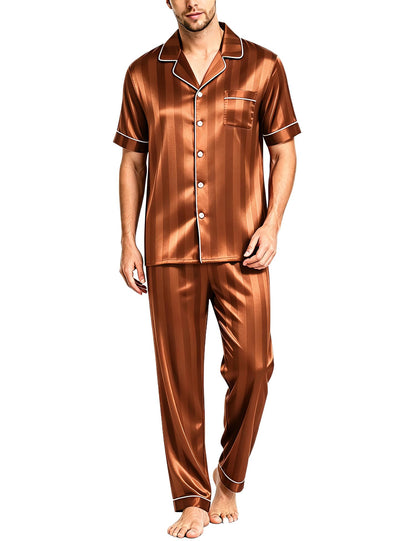 SWOMOG Mens Satin Pajama Set Short Sleeve Classic Sleepwear Button Down Silky Loungewear with Long Pants