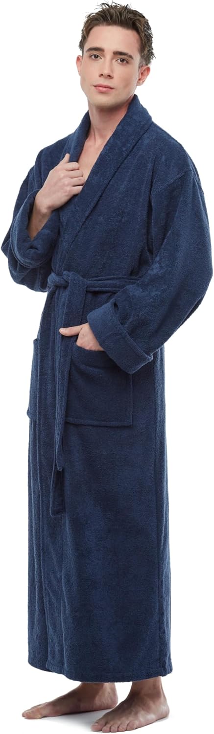 ESKYMODE Mens Cotton Bathrobe Ankle Length Long Men’s Terry Cloth Bath Robe