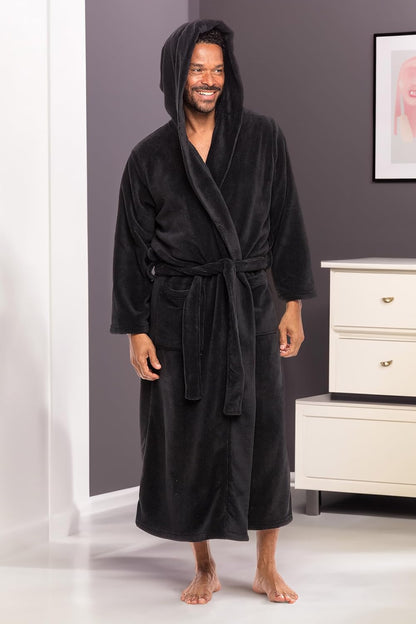 Men's Plush Fleece Hooded Robe with Pockets, Long Bathrobe
