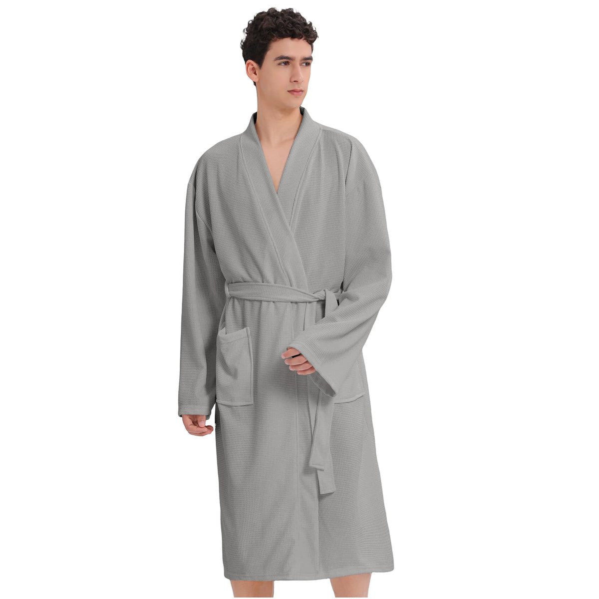 Mens Waffle Robe Spa Kimono Bathrobe Lightweight Shower Bath Robe Knee-Length Hotel Spa Robe