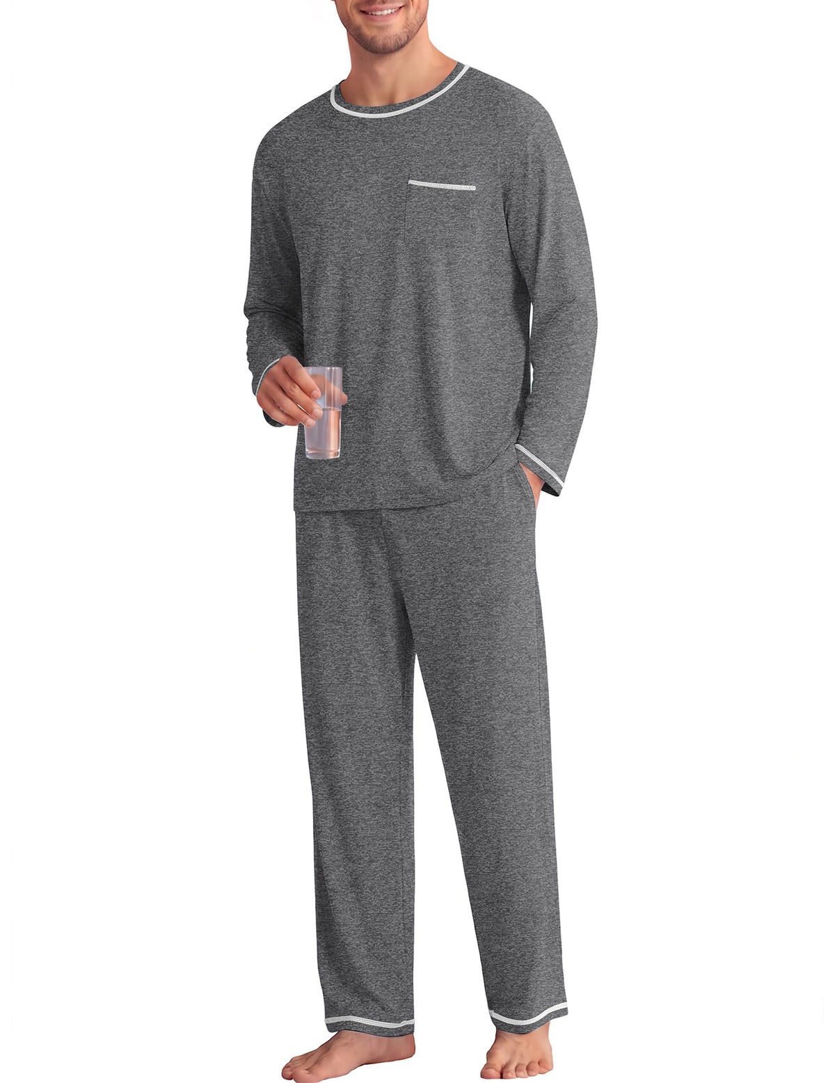 Ekouaer Mens Long Sleeve T-Shirt Pajama Set Soft 2 Piece Lounge Set