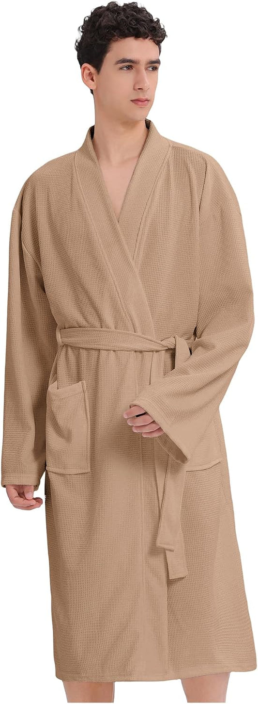 Mens Waffle Robe Spa Kimono Bathrobe Lightweight Shower Bath Robe Knee-Length Hotel Spa Robe