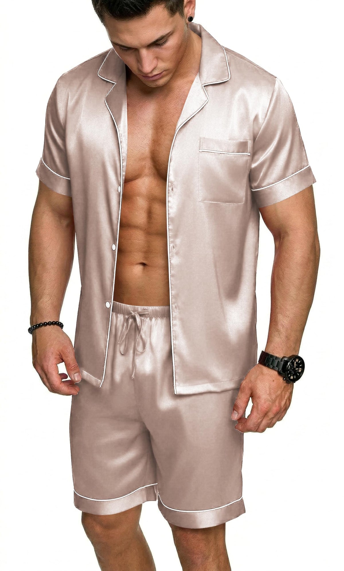 Ekouaer Mens Silk Satin Pajamas Set Short Sleeve Button Up Lounge Pjs Set