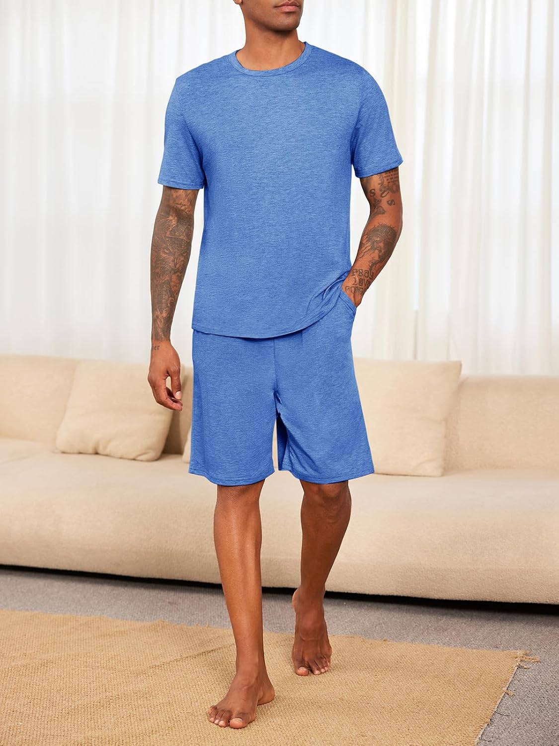 Runcati Mens Pajama Sets Short Sleeve Shirt and Shorts 2 Piece Outfits