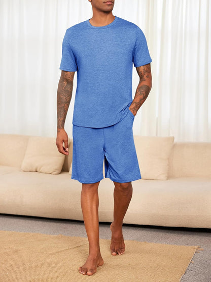 Runcati Mens Pajama Sets Short Sleeve Shirt and Shorts 2 Piece Outfits