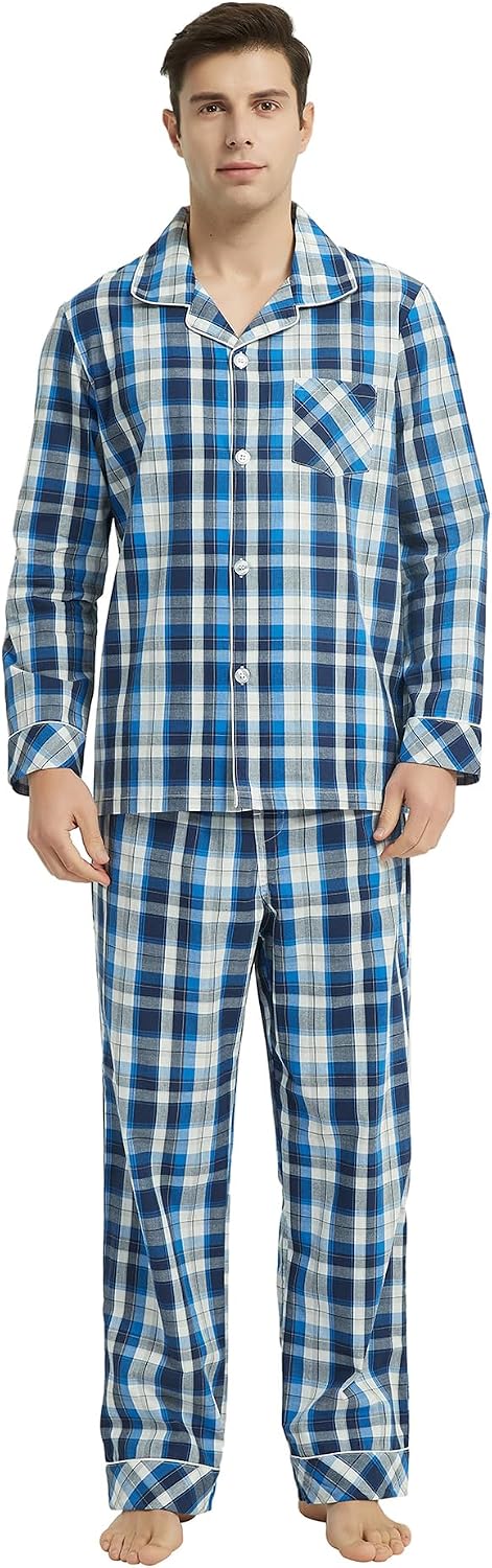 Vulcanodon Mens Cotton Pajama Set, Plaid Button Down Woven Sleepwear