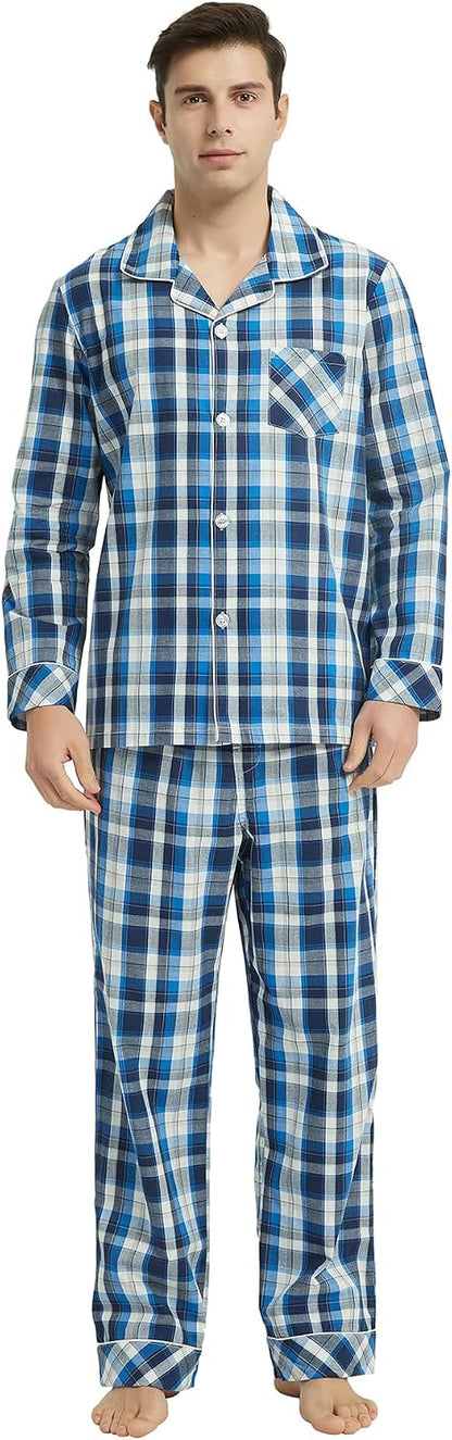 Vulcanodon Mens Cotton Pajama Set, Plaid Button Down Woven Sleepwear