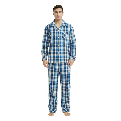 Vulcanodon Mens Cotton Pajama Set, Plaid Button Down Woven Sleepwear