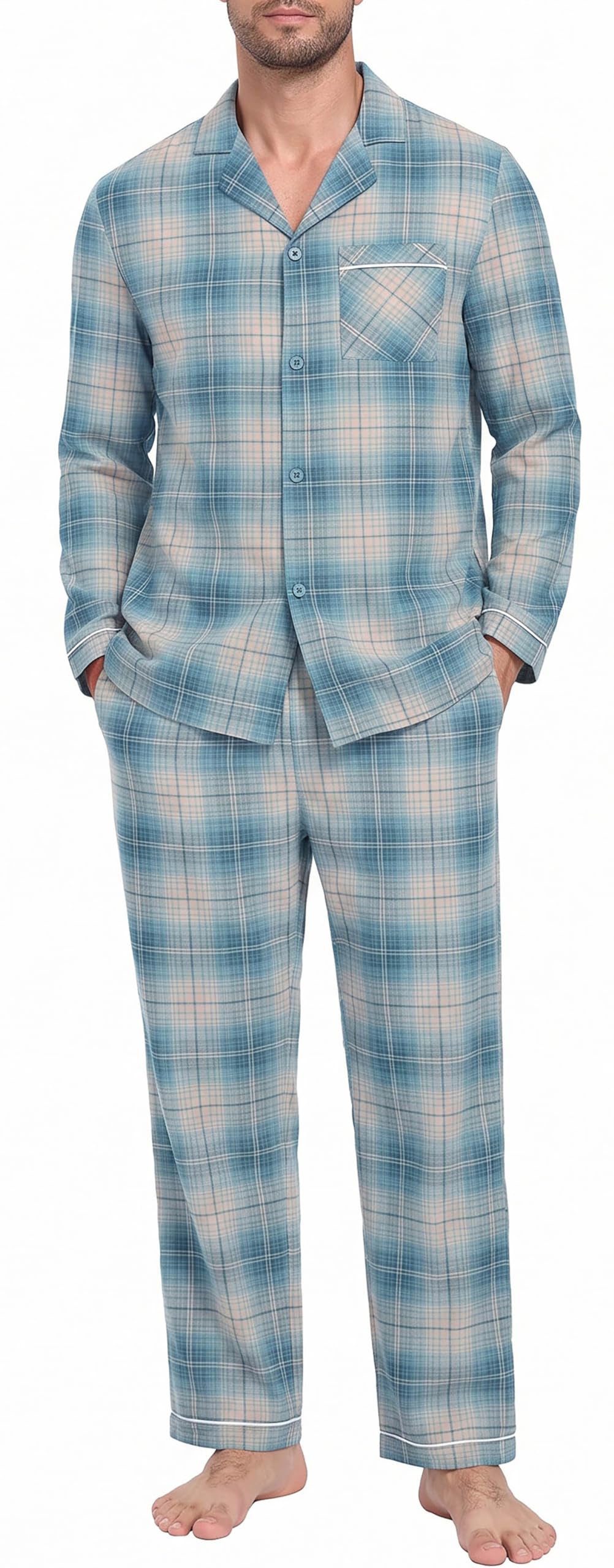 PrinStory Men's Pajamas Set Long Sleeve Button Down Sleepwear Pjs S-2XL