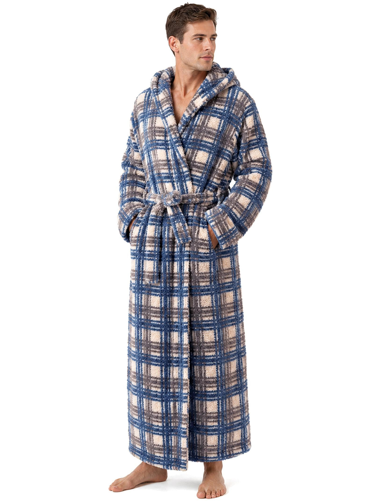 Hellomamma Mens Robe with Hood Plush Fleece Long Belted Bathrobes