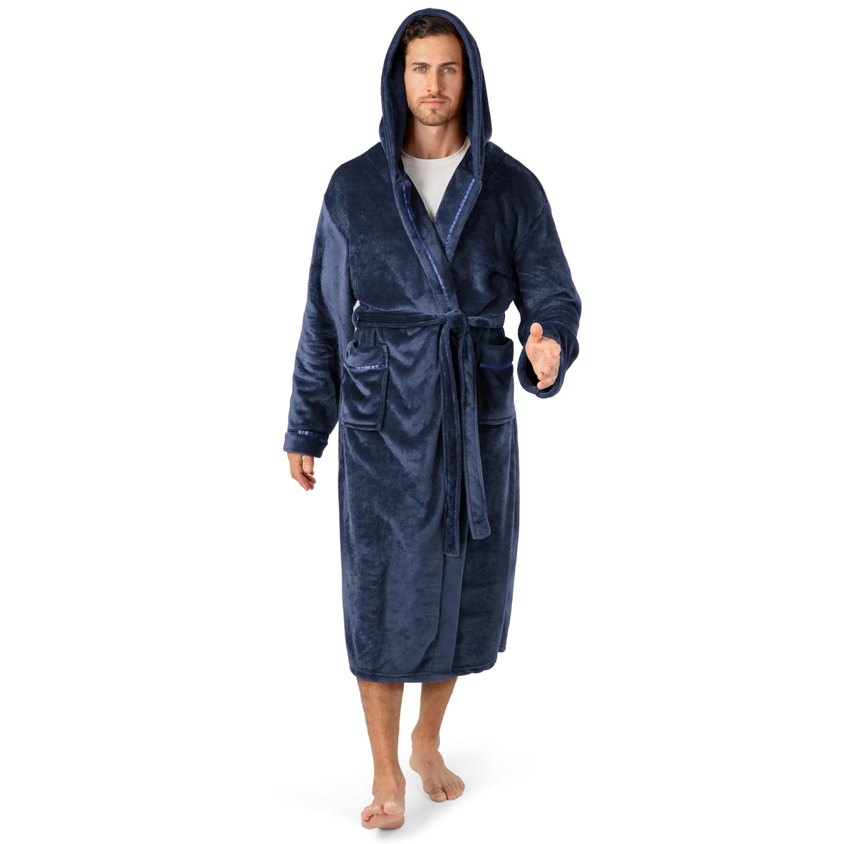 PAVILIA Mens Fleece Robe, Hooded Bathrobe with Shawl Collar, Pockets & Belt