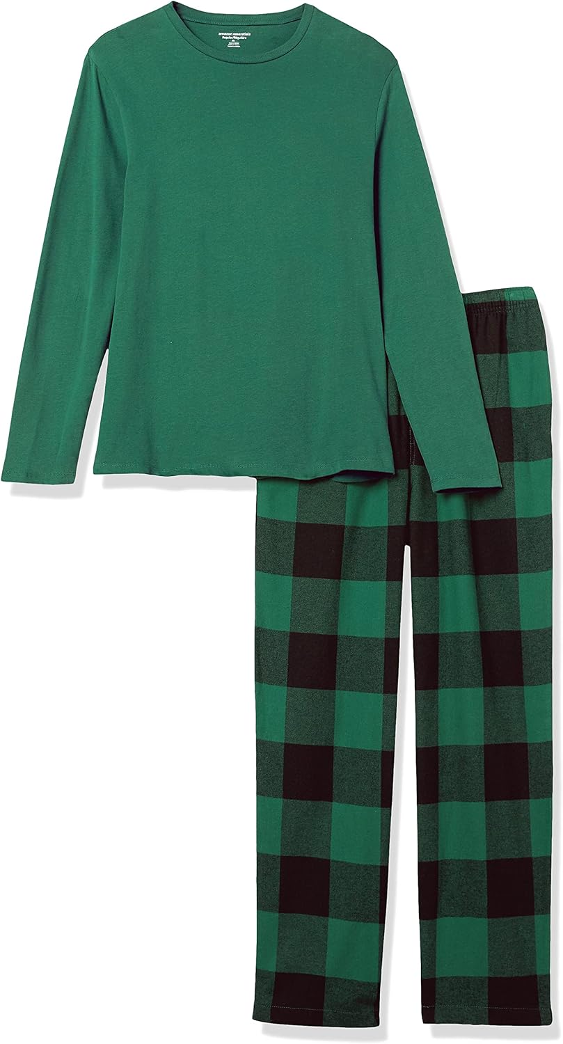 Amazon Essentials Men's 100% Cotton Flannel Pant and Long-Sleeve T-Shirt Pajama Set