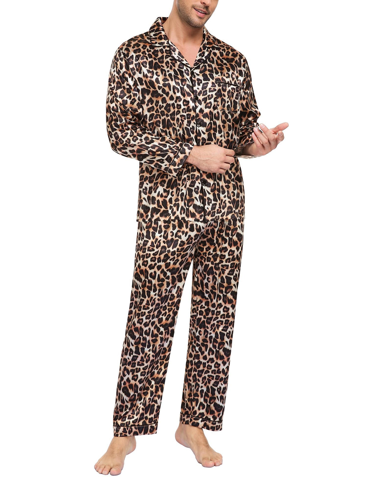 SWOMOG Mens Silk Satin Pajamas Set Long Sleeve Sleepwear Button-Down Pj Two-piece Loungewear with Long Pants S-XXL