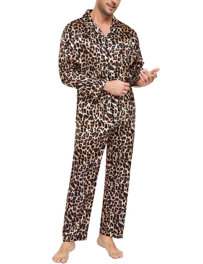 SWOMOG Mens Silk Satin Pajamas Set Long Sleeve Sleepwear Button-Down Pj Two-piece Loungewear with Long Pants S-XXL