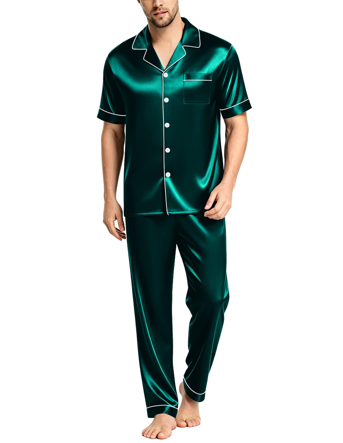 SWOMOG Mens Satin Pajama Set Short Sleeve Classic Sleepwear Button Down Silky Loungewear with Long Pants