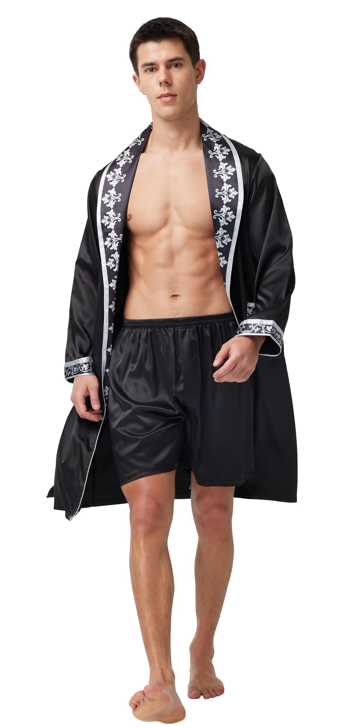Mens Satin Robe Long Sleeve Silk Kimono Bathrobe with Shorts Set Sleepwear
