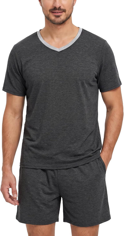 MyFav Mens Pajama Set Soft V Neck PjsShort Sleeves Shirts and Shorts Loungewear Solid Color Sleep Sets