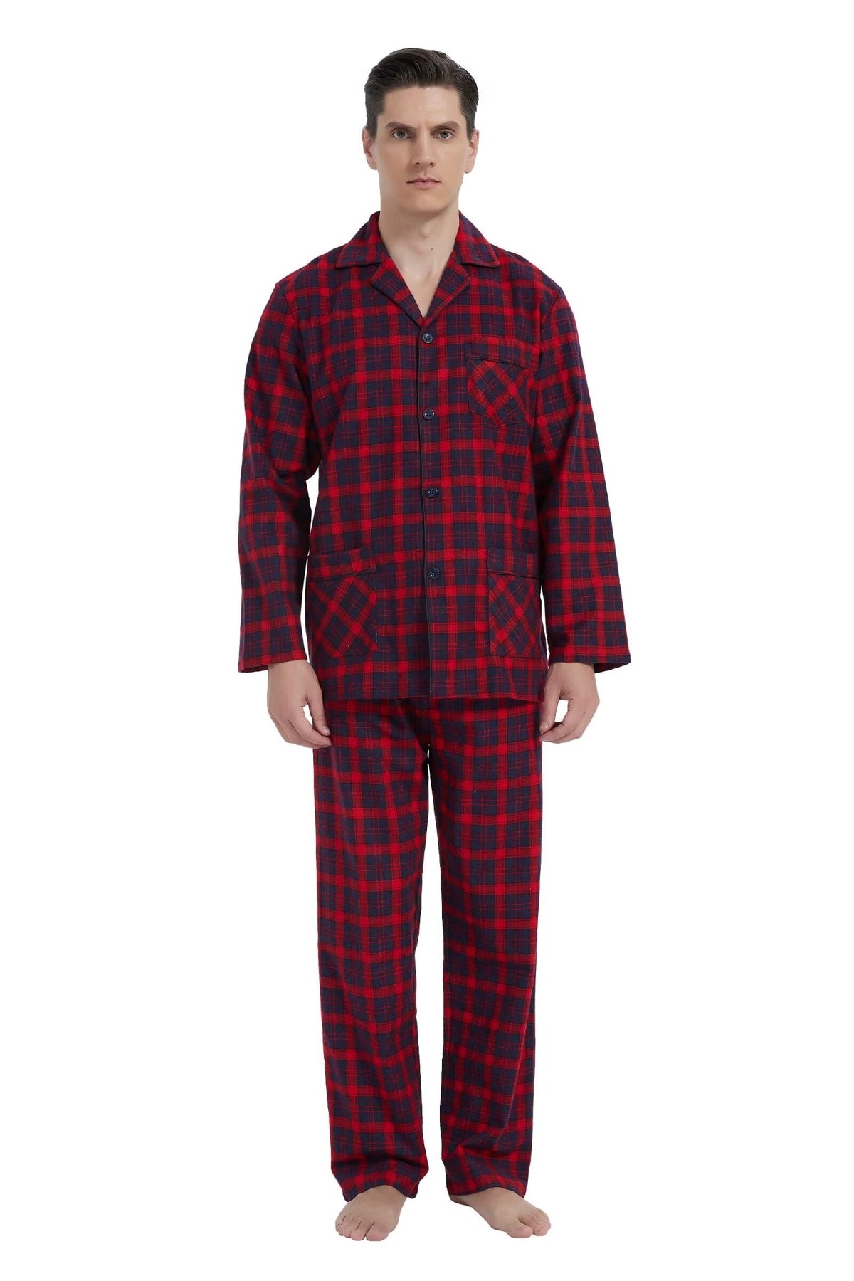 GLOBAL Men's Pajamas Sets 100% Cotton Flannel Sleepwear Long-Sleeve top & Bottom