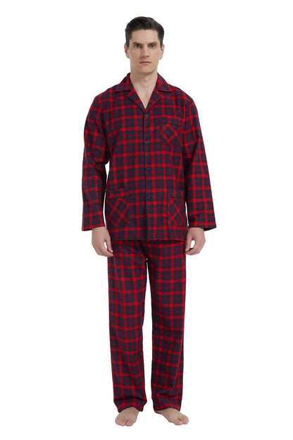 GLOBAL Men's Pajamas Sets 100% Cotton Flannel Sleepwear Long-Sleeve top & Bottom