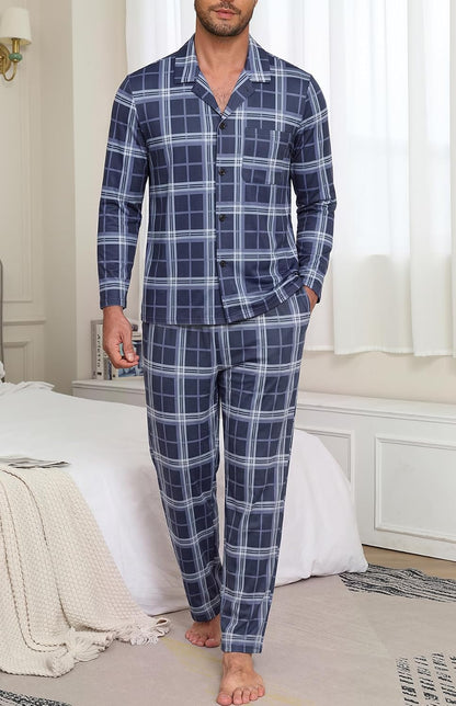 NITAGUT Mens Plaid Pajama Set Long Sleeve Button Down Casual Sleepwear