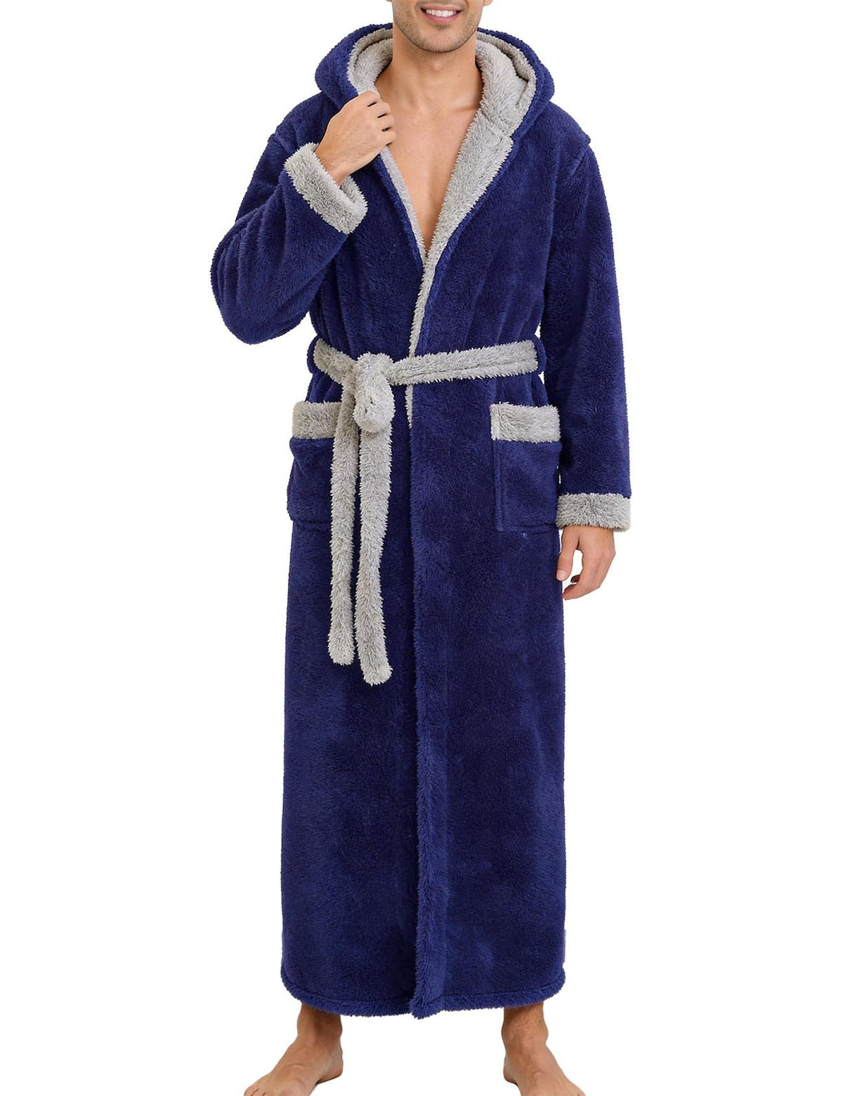 Kissonic Mens Hooded Robe Full Length Plush Warm Fluffy Winter Bathrobe