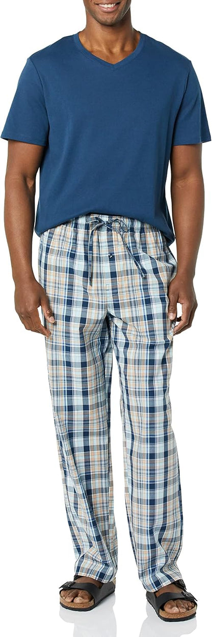 Amazon Essentials Men's Cotton Stretch Poplin Pant with Cotton Jersey T-Shirt Pajama Set