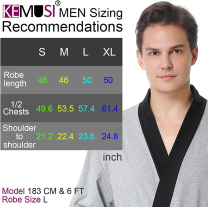 KEMUSI Men's Summer Knee-Length Breathable Absorbent Sleepwear Bathrobe, Mid Sleeve, Grey with Black Trim, Soft and Comfy