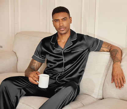 Ekouaer Mens Satin Pajama Set Short Sleeve Button Down Sleepwear with Pant