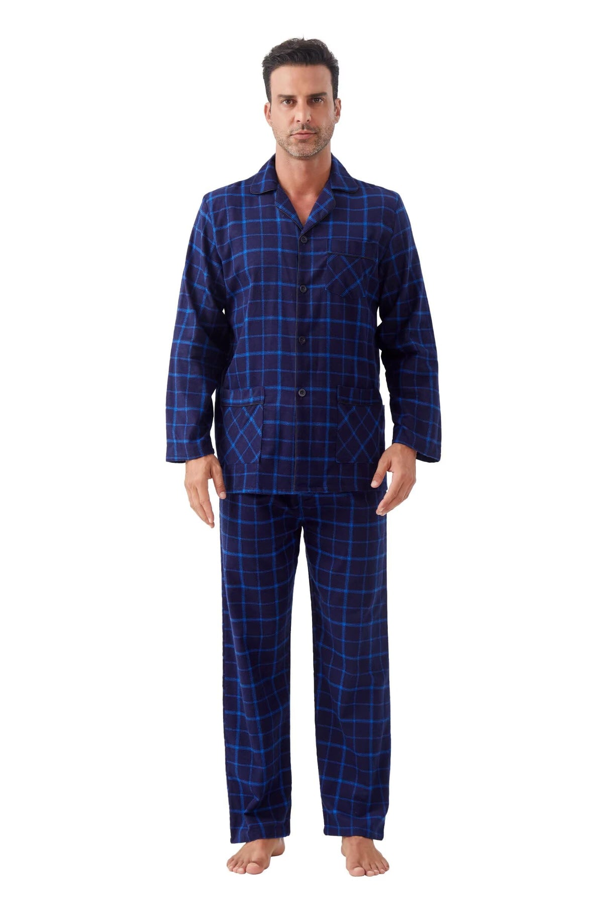 GLOBAL Men's Pajamas Sets 100% Cotton Flannel Sleepwear Long-Sleeve top & Bottom