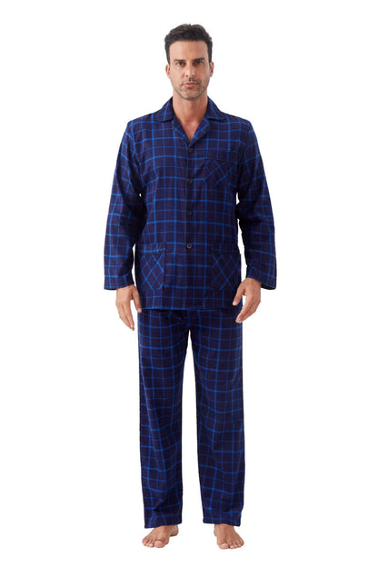 GLOBAL Men's Pajamas Sets 100% Cotton Flannel Sleepwear Long-Sleeve top & Bottom