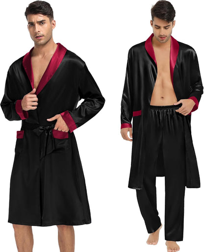 SWOMOG Men's 3 Pcs Robe Silk Satin Kimono Bathrobe with Shorts&Pants Set Lightweight Soft Sleepwear