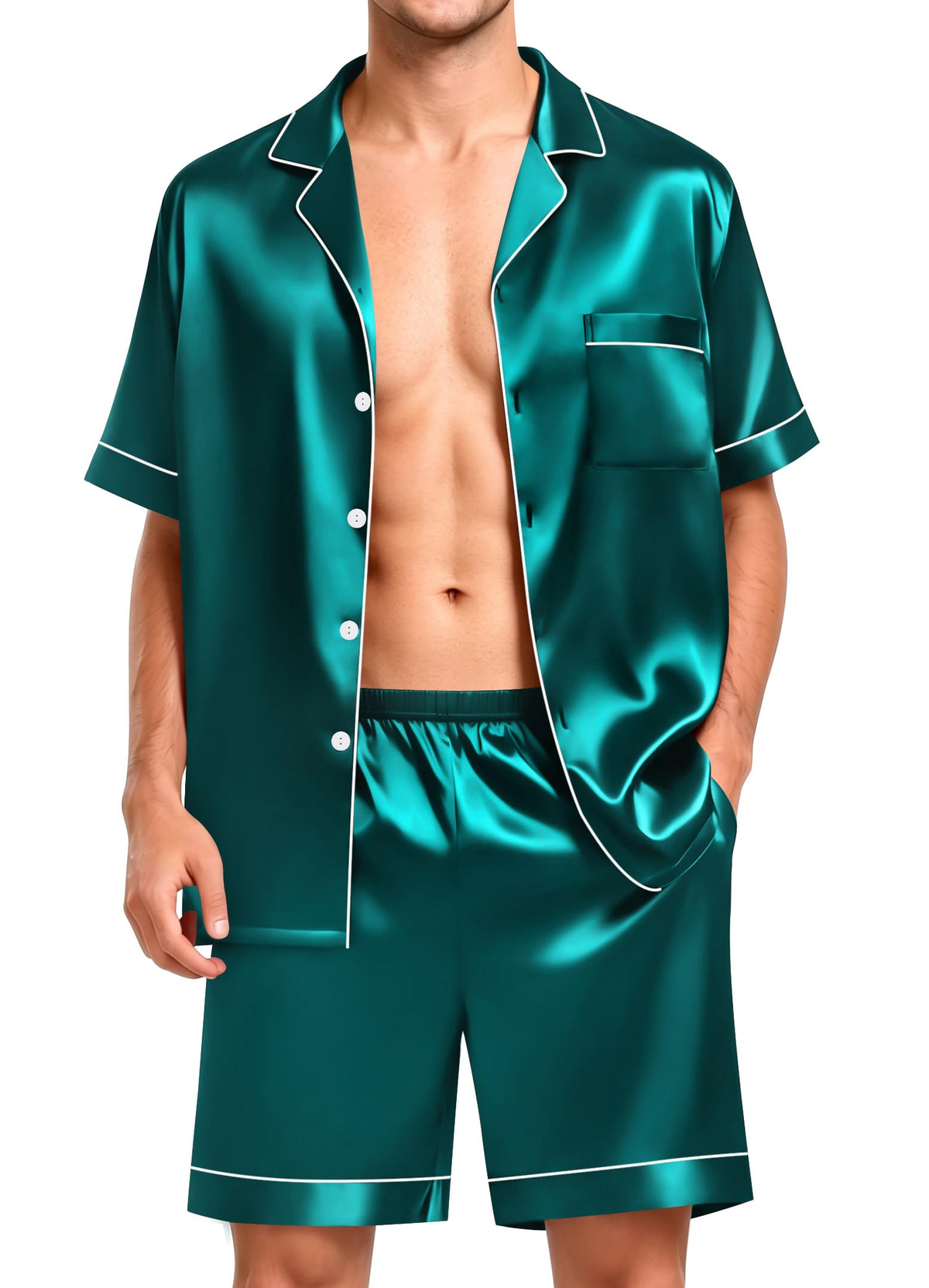 SWOMOG Men Satin Silk Pajamas Sets Short Sleeve Sleepwear Button-Down PJs Sets Two-Pieces Loungewear with Pockets