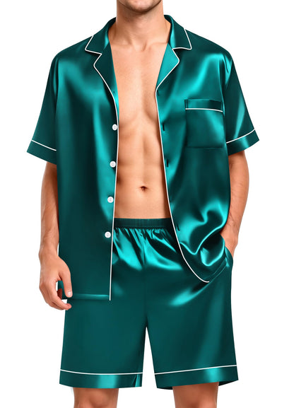 SWOMOG Men Satin Silk Pajamas Sets Short Sleeve Sleepwear Button-Down PJs Sets Two-Pieces Loungewear with Pockets