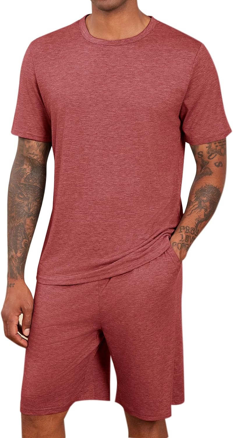 Runcati Mens Pajama Sets Short Sleeve Shirt and Shorts 2 Piece Outfits