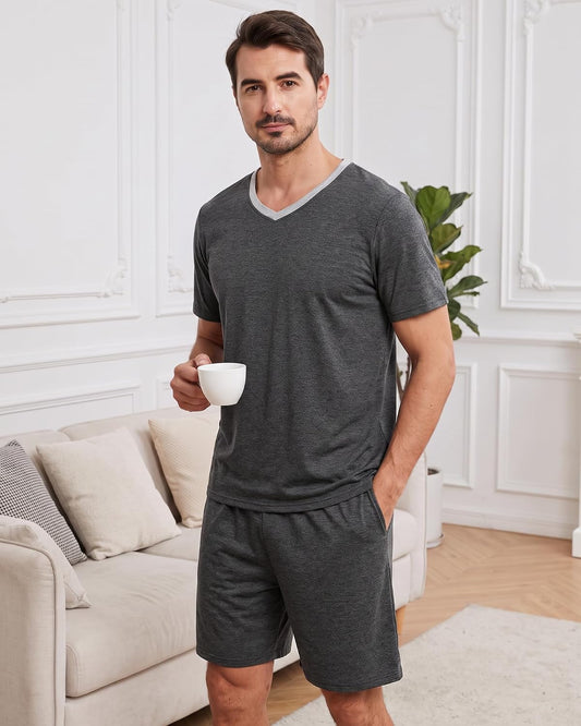 MyFav Mens Pajama Set Soft V Neck PjsShort Sleeves Shirts and Shorts Loungewear Solid Color Sleep Sets