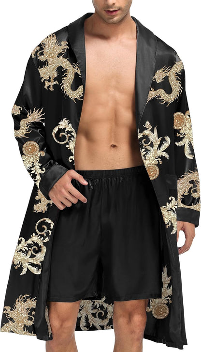 SWOMOG Men's Satin Robe with Shorts Set Silky Kimono Bathrobe Lightweight Soft Sleepwear