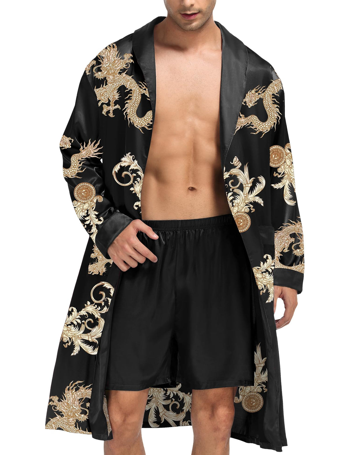 SWOMOG Men's Satin Robe with Shorts Set Silky Kimono Bathrobe Lightweight Soft Sleepwear