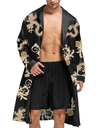 SWOMOG Men's Satin Robe with Shorts Set Silky Kimono Bathrobe Lightweight Soft Sleepwear